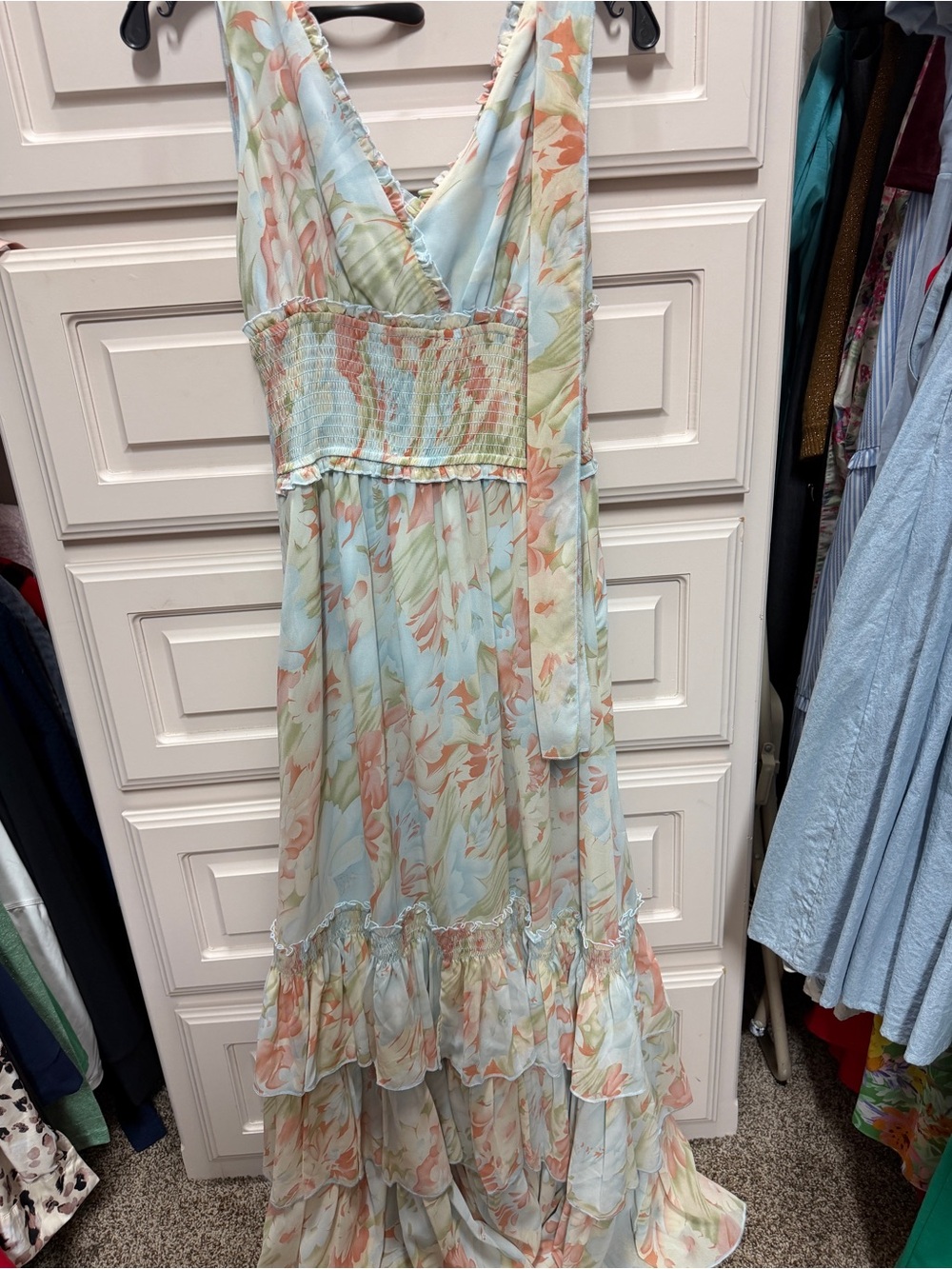 Petal & Pup Pastel Blue Floral Maxi Dress with Peach Accents Small